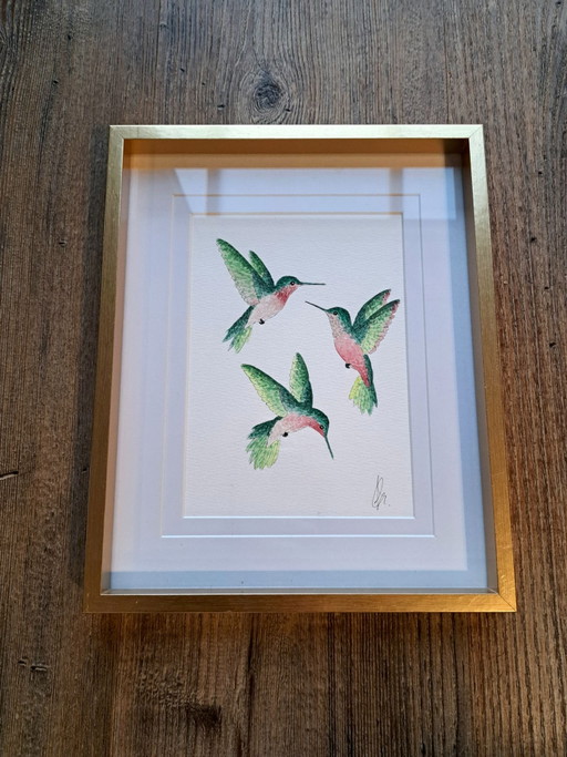 Aquarellgemälde Kolibris Grün mit Rosa | Mit Rahmen I