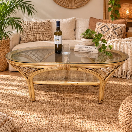 Table Basse Vintage en Rotin avec Plateau en Verre (années 70) Table d'Appoint Bohème / Coffeetable