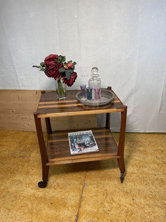 Image 1 of Mid-Century Retro Vintage Walnut Two-Tier Serving Trolley by Morris of Glasgow 1960