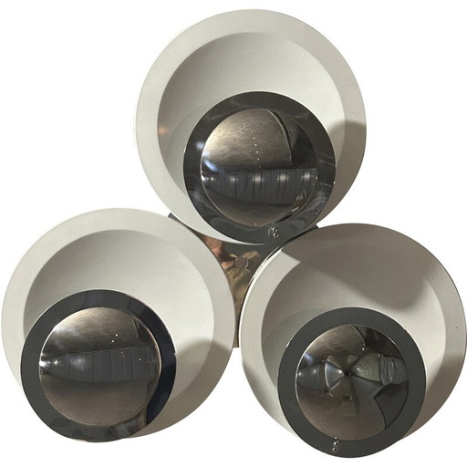 Vintage wall lamp with 3 discs in white and chrome metal, 1970