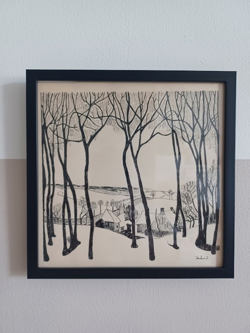 Minimalist Vintage Winter Landscape, Pen drawing, Etching