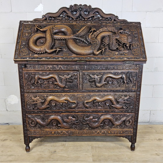 Image 1 of Antique 19th Century Chinese Writing Desk Mythological Dragon Wood Carving / Bohemian / Asian / Oriental (Huanghuali Wood)