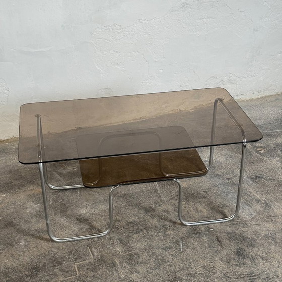 Image 1 of Hungarian Two-Tier Glass Bauhaus Coffee Table – Original Condition