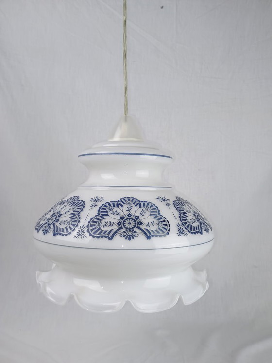 Image 1 of Mid Century Murano Pendant Light White Opaline Textured Engraved Glass Lantern 1950s