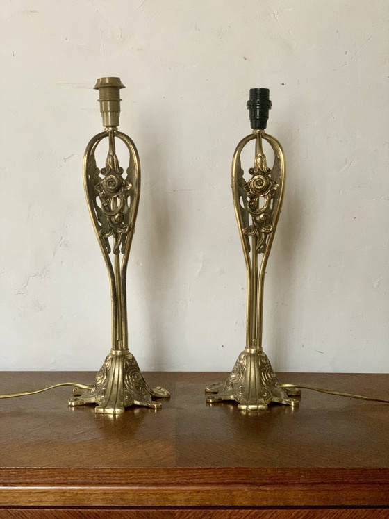Image 1 of Pair of vintage brass table lamps in art nouveau style