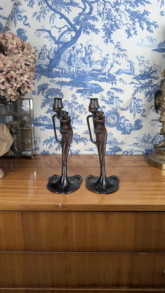 Image 1 of Ein Paar MoMa-Kandelaber aus Bronze mit Nymphen im Jugendstil Vintage 1988