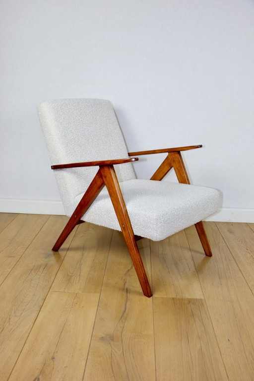 Poltrona vintage B-310 VAR in bouclé strutturale bianco anni '70 - legno color faggio