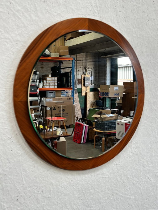 Vintage Deense Teakhouten Spiegel, Rond, 1970's