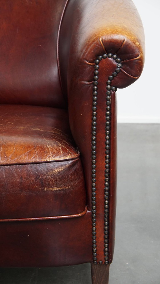 Image 1 of Sedia club in pelle di vacchetta in stile inglese con cuscino di seduta fisso