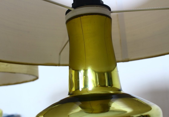 Image 1 of Set of two luxury Uno & Osten gold table lamps with silk shades, Sweden 1970