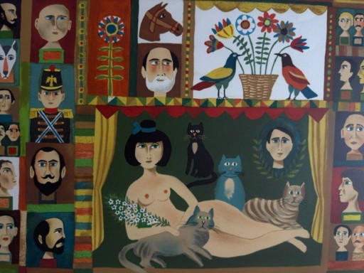 Litografía de Jacques Margerin "Escena de un teatro con gatos"