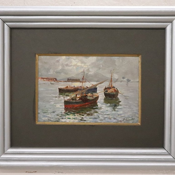 Image 1 of Gulf of Naples with Fishermen Signed R. Leone, Oil Painting on Board, Italy Early 20th Century
