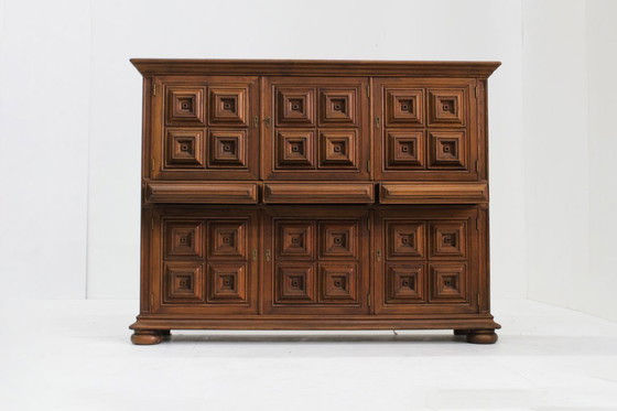 Image 1 of Vintage Spanish Brutalist high cabinet in carved solid wood