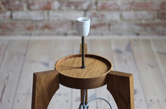 Image 1 of Lampada da terra, paralume in vetro bianco, base in legno, era spaziale, metà secolo, anni '60