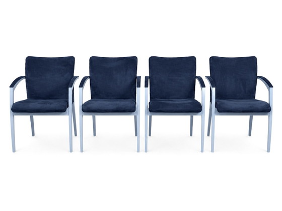 4x Leolux Caramilla Chaises de salle à manger Vintage, Bois, Textile, Bleu (photo 5 sur 5)