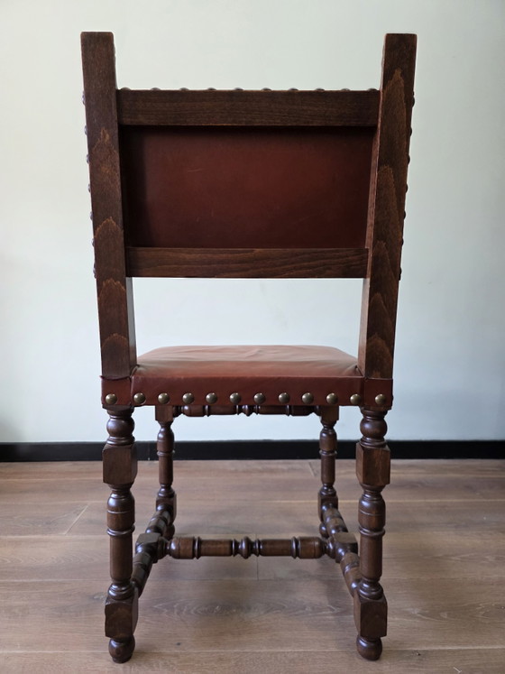 Image 1 of Set 4 vintage leren eetkamerstoelen eiken