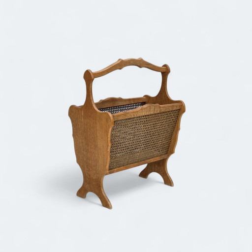 1970s, Danish newspaper holder, solid oak wood, furniture mesh.