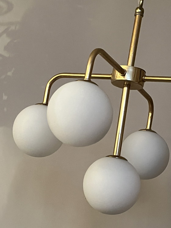 Image 1 of Vintage Spherical Pendant Lamp Gold Frame Milk Glass