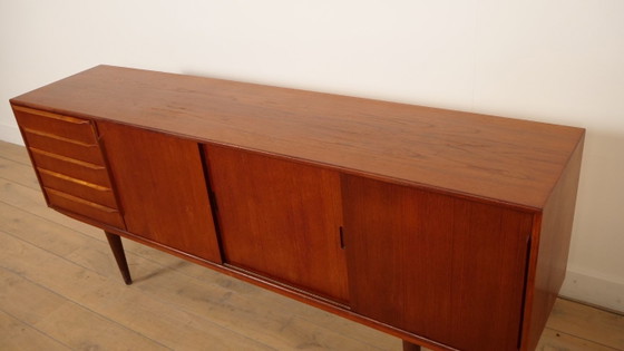 Buffet bas avec tiroirs et portes coulissantes, bois brun, Marron, Mid Century Modern (photo 6 sur 13)
