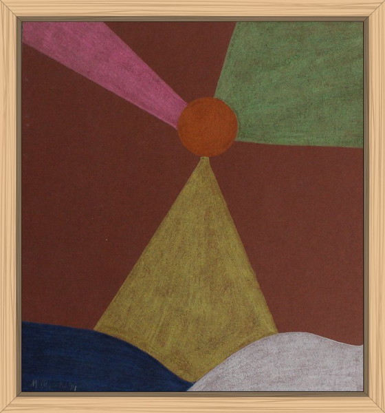 Image 1 of Buntstiftzeichnung Abstrakter Leuchtturm Bunstiftzeichnung auf Malkarton signiert und datiert ohne Rahmen vintage Bild