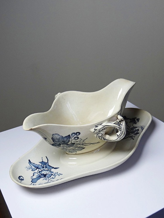 Image 1 of Antique Longwy earthenware gravy boat, late 19th-early 20th century