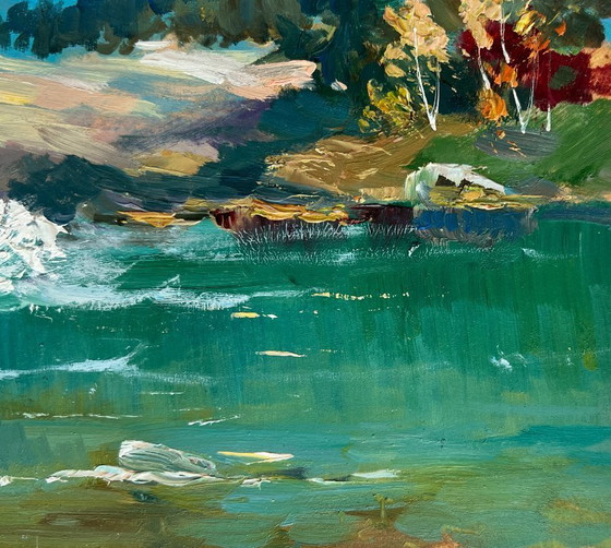 Image 1 of Original Oil Painting Summer Mountains Landscape There is a waterfall in the mountains