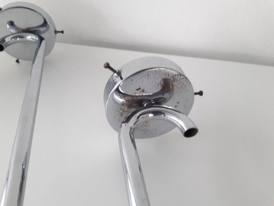 Image 1 of Lampada a sospensione classica art déco con attacco cromato e due sfere in vetro smerigliato