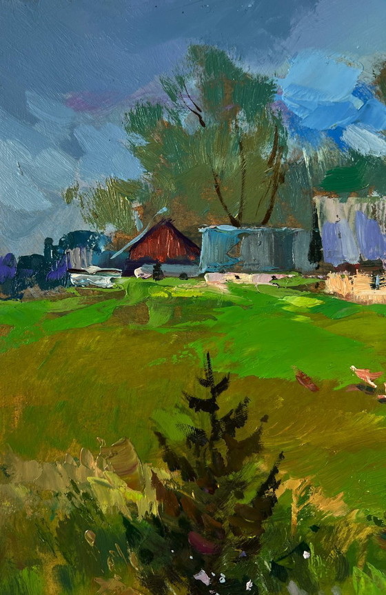 Image 1 of Original Oil Painting Summer Village Landscape Morning With Cows In Rustic