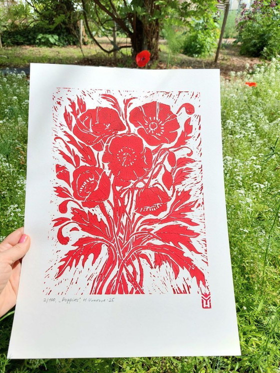 Image 1 of Papaveri - Stampa linoleografica fatta a mano in formato A3