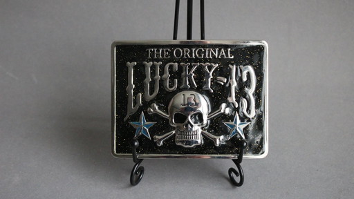 Unusual large belt buckle, original Lucky 13, with rectangular metal skull design