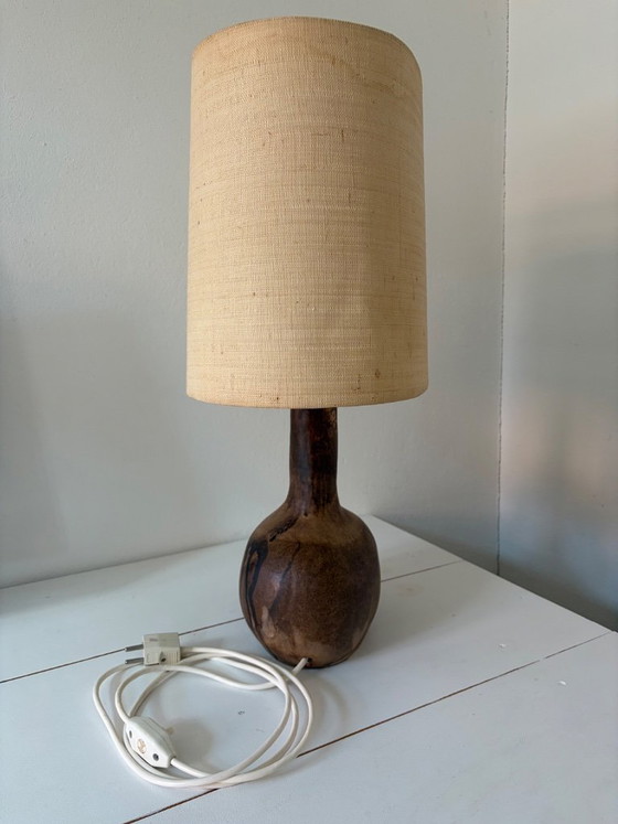 Image 1 of Ceramic table lamp with raffia shade – studio ceramics, matte flow glaze, 1960s/70s
