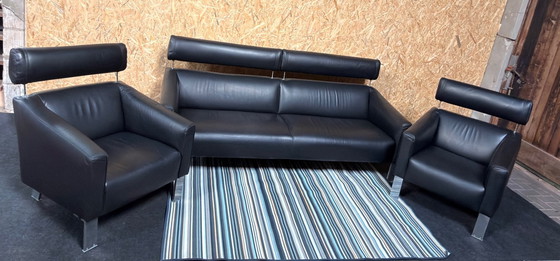 Image 1 of Divano e 2 poltrone Leolux Patachou in pelle nera