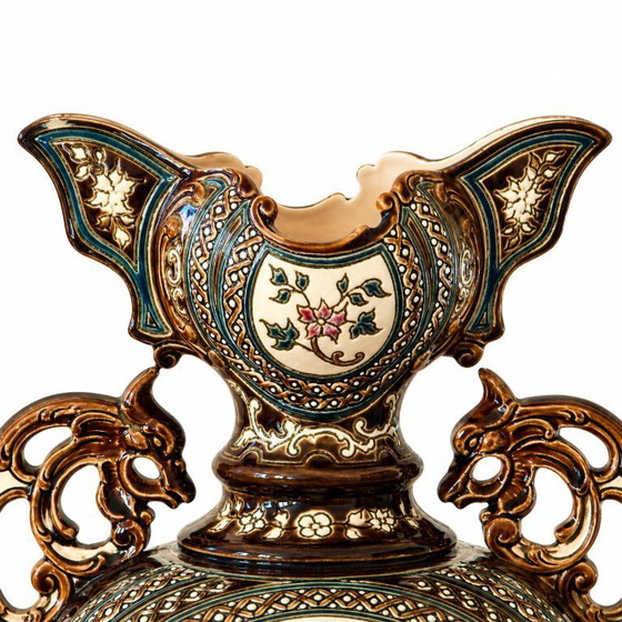 Image 1 of Pair of antique Austrian majolica vases from 1885, signed Gerbing & Stephan