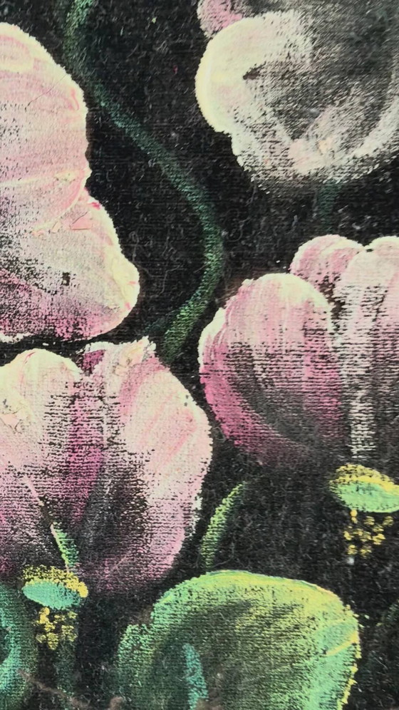 Image 1 of Set vintage original velvet flower oil painting, pair of flower still life art