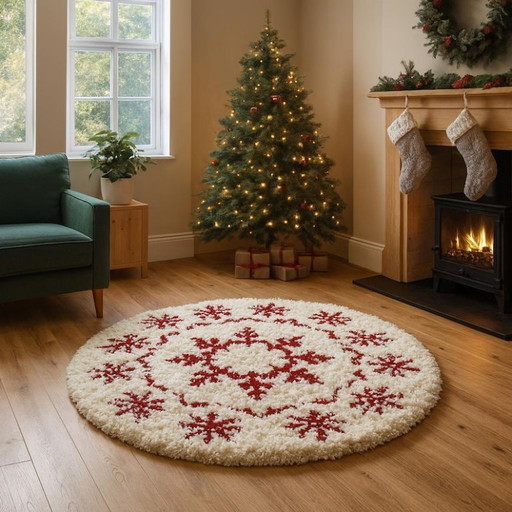 CHRISMAS Handmade Wool Snowflake Rug: Red & White Christmas Decor