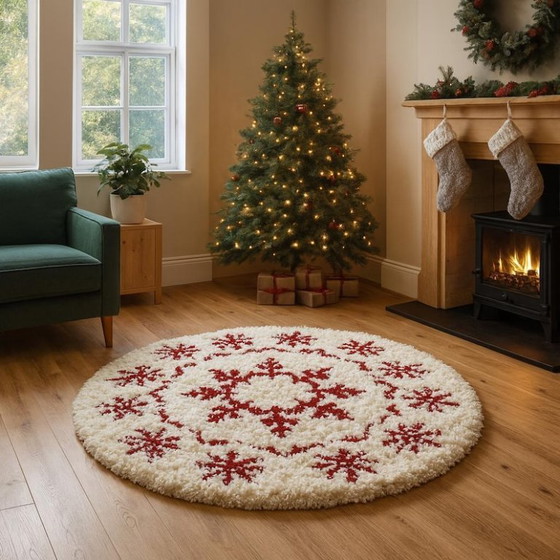 Image 1 of CHRISMAS Handmade Wool Snowflake Rug: Red & White Christmas Decor