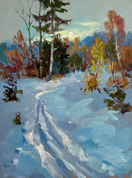 Image 1 of Original Oil Painting Winter Forest Landscape Winter sunset in the forest
