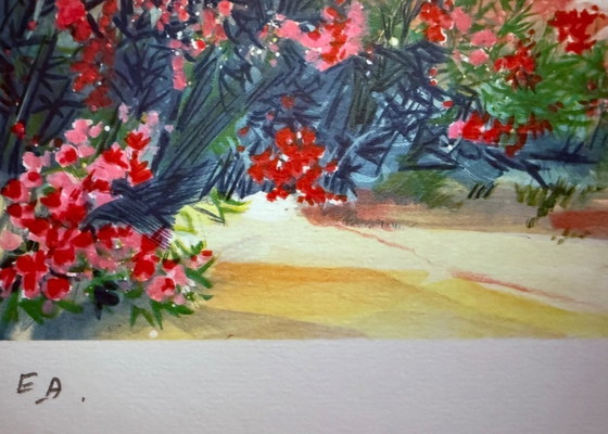 Image 1 of Ella Fort: "L'Arrivée." Hand signed, E.A. color lithograph.