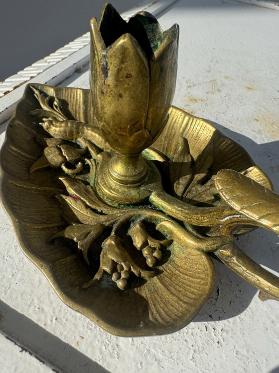 Bougeoir bronze feuille lotus Art Nouveau, Bougeoirs et chandeliers, Doré (photo 10 sur 15)