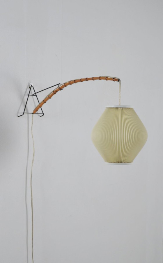 Image 1 of Danish wall lamp with wooden arch and pearl shade lampshade, 1960s