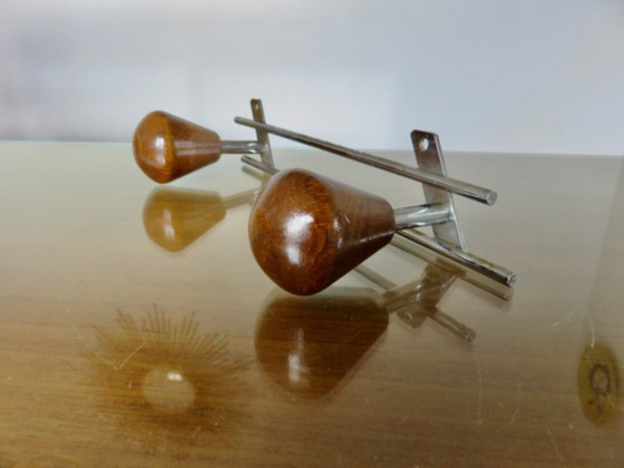 Image 1 of Porte manteau mural scandinave, bois et métal chromé, 60's 70's
