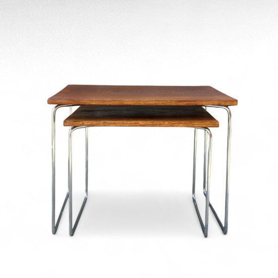 Image 1 of Juego de 2 mesas auxiliares Brabantia, tablero de wengué, patas cromadas