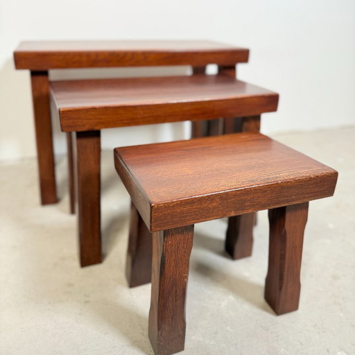 Set of 3 brutalist oak side tables