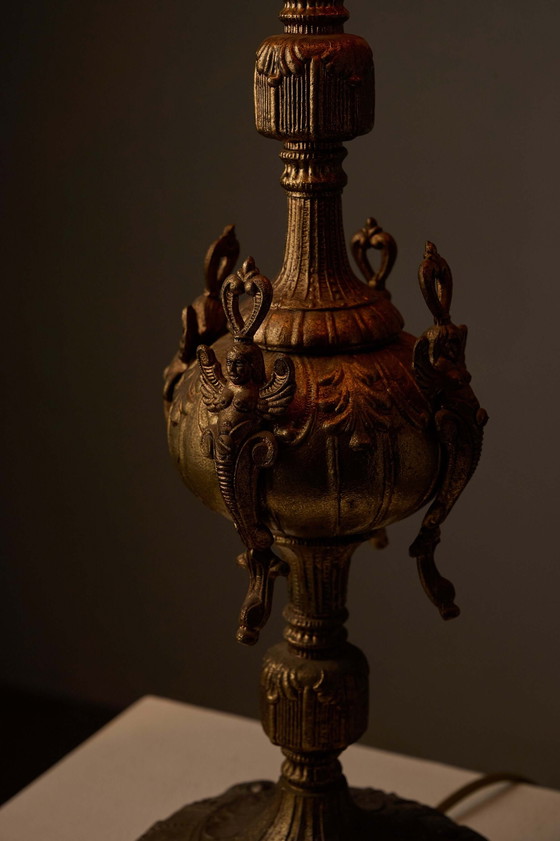 Cast Brass Table Lamp with Stitched Parchment Shade, Leather, Rustic (photo 2 of 5)