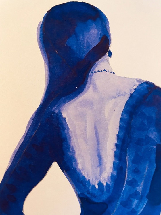 Image 1 of Monochrome indigo blue watercolor portrait of a woman "in a dress"