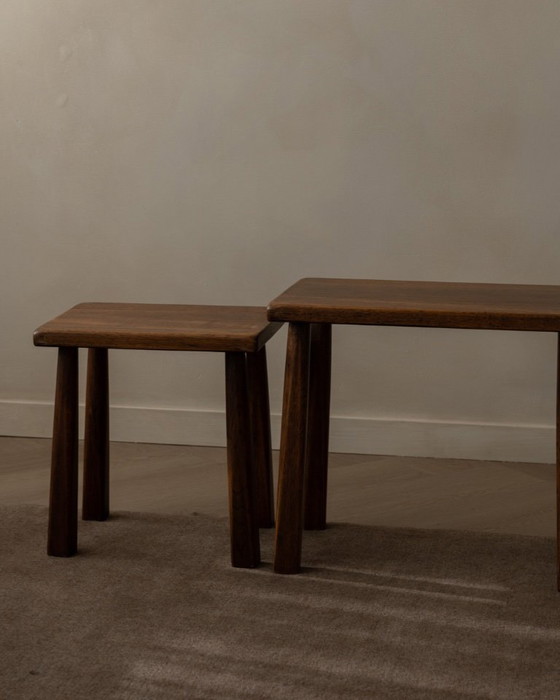 Image 1 of Vintage Brutalist Solid Oak Nesting Tables (Set of 3) – Dutch, 1970s