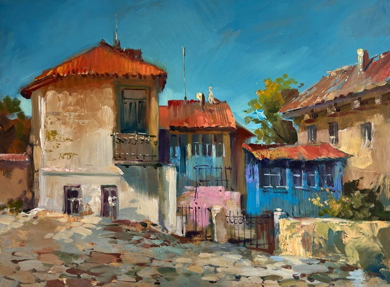 Image 1 of Original Oil Painting Summer Street Landscape Warm wind on the streets