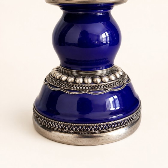 Image 1 of Vintage blue table lamp with botanical lampshade
