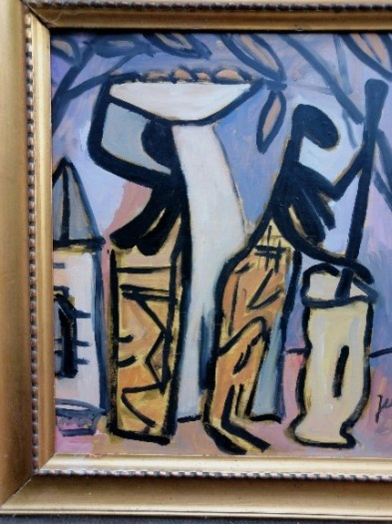 Image 1 of Jespers "" African scene "" olieverf op paneel 54 x 48 met lijst 80 x 74 cm Gesigneerd r.o Jespers en aan de achterkant Jespers 