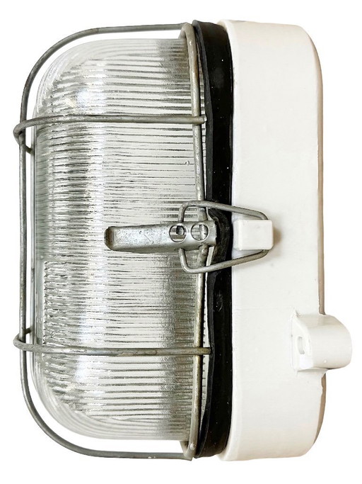 Industrial White Porcelain Cage Wall Light with Ribbed Glass, 1970s